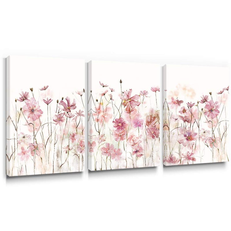 SUMGAR Pink Flower Wall Art Bedroom 3 Piece Romantic Floral Wildflower Plants Nature Scenery Canvas Watercolour Paintings, Red Bloom Pictures for Teen Girl Room Living Room, 12 x 16 inch - Image 1